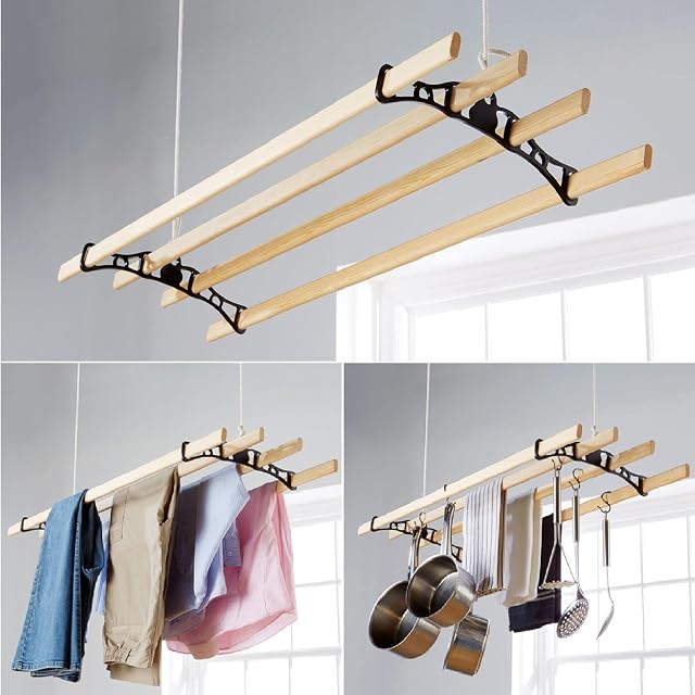 Black Cast Iron Wooden Hanging 1.2m Retro Vintage Antique 4 Lath Slat Victorian Edwardian Clothes Horse Creel Airer Dryer Kitchen Rack Ceiling Pulley Laundry Drier