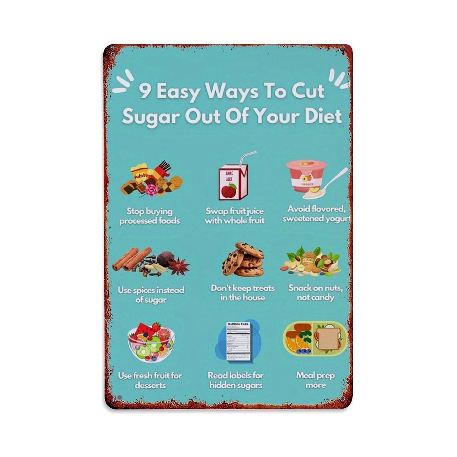 Jdfenggu Vintage Nine Easy Ways Cut Sugar Retro Metal Tin Sign, Metal Poster For Bar, Home, Man Cave, Kitchen, Laundry Room Art Decor 8X12 Inch