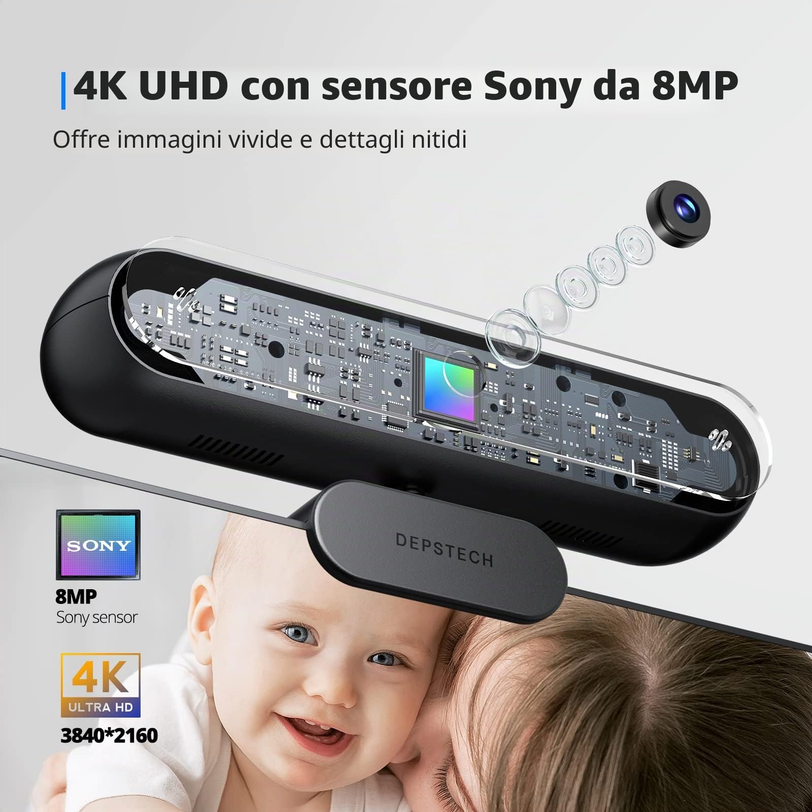 DEPSTECH Webcam 4K Sony, foco automatico, microfoni stereo, USB Plug & Play, correzione luminosità, copriobiettivo, treppiede per Skype/Zoom/streaming/apprendimento online