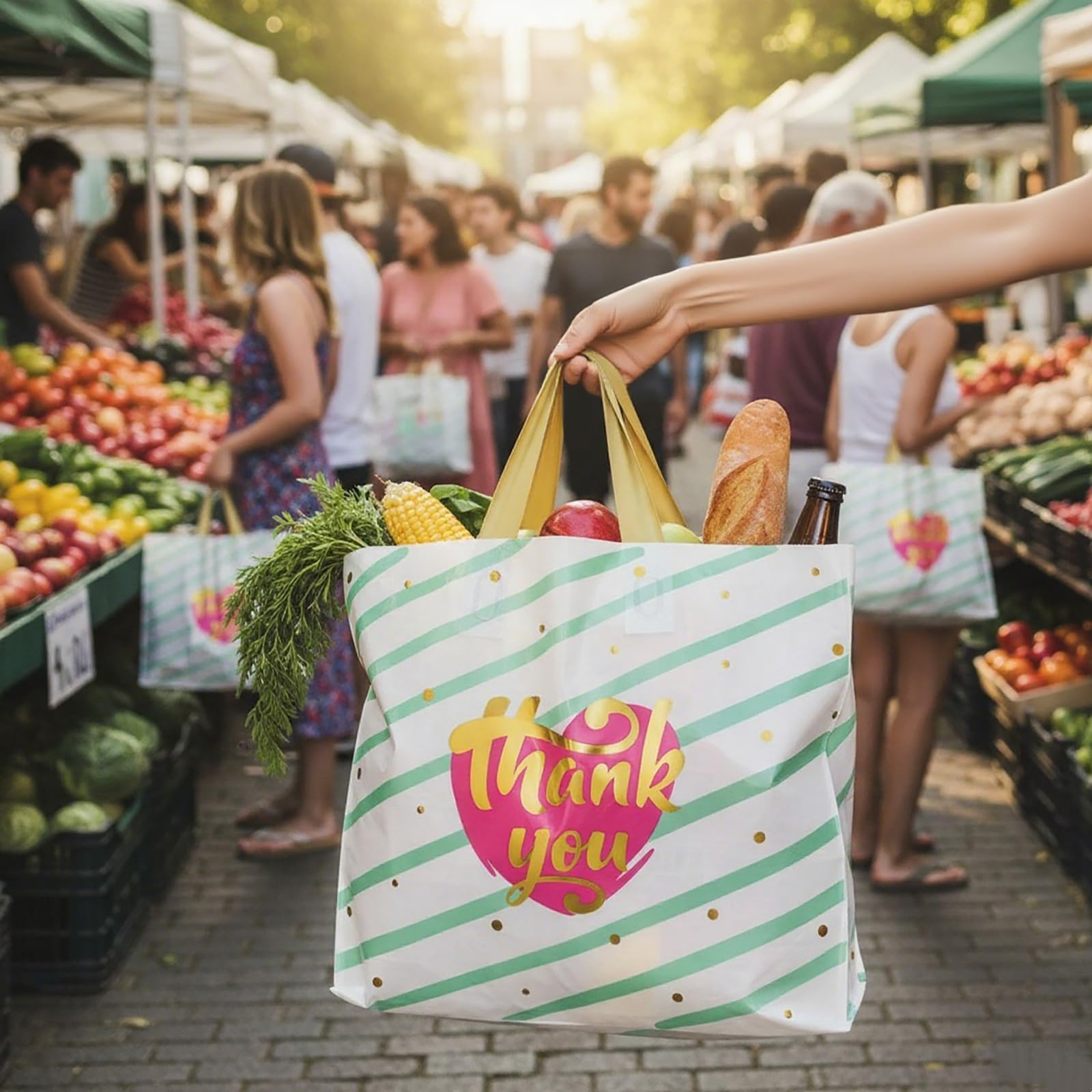 Elsjoy Plastikowe torby na zakupy, 14 x 12 grubych toreb na towary, wielokrotnego użytku torby butikowe z uchwytem pętelkowym, serce i paski, torebki na prezenty detaliczne na imprezy, biznes