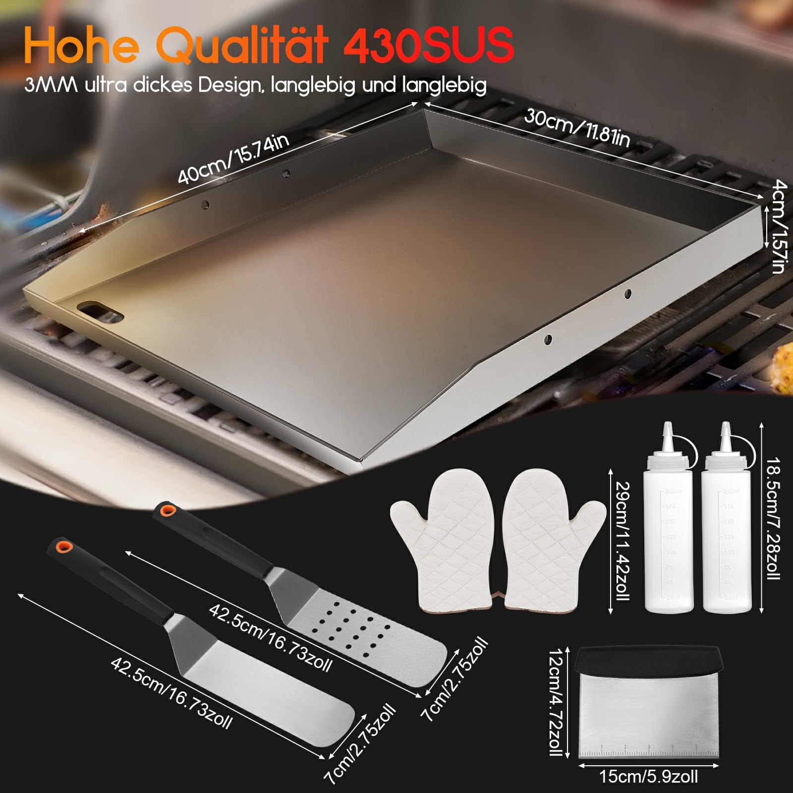 Plancha Grillplatte Edelstahl 40 x 30 cm, 4 mm Premium Plancha mit Griff