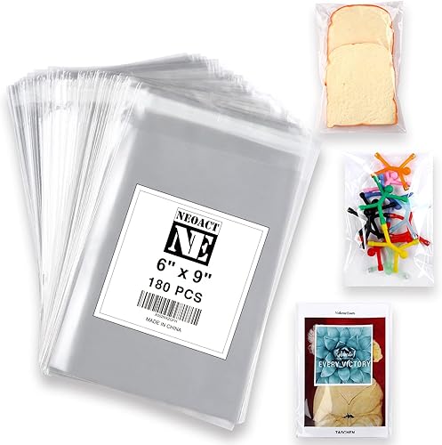 Bolsas de celofán adhesivas transparentes 180 bolsas autosellantes de 6 x 9 pulgadas, buenas para panadería, vela, jabón, galletas, etc.