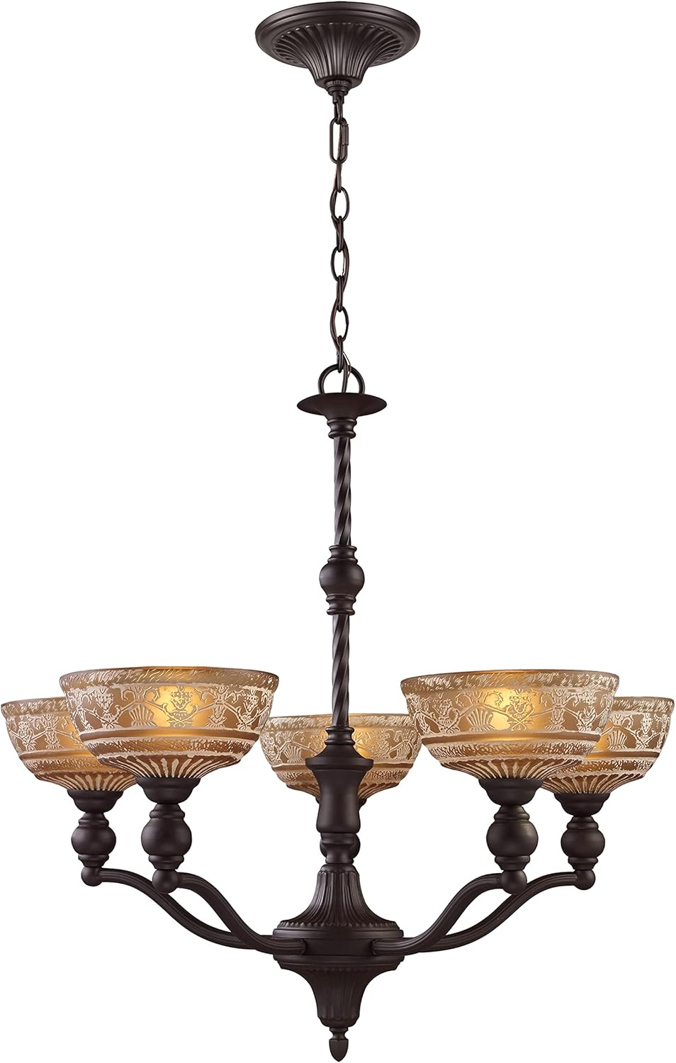 Elk Home Norwich 5-Light Chandelier - 28-Inch Oiled Bronze Ceiling Light with Amber Restoration Glass Shades, Traditional Old-World Style for Dining Room, Foyer, Living Room, Great Room