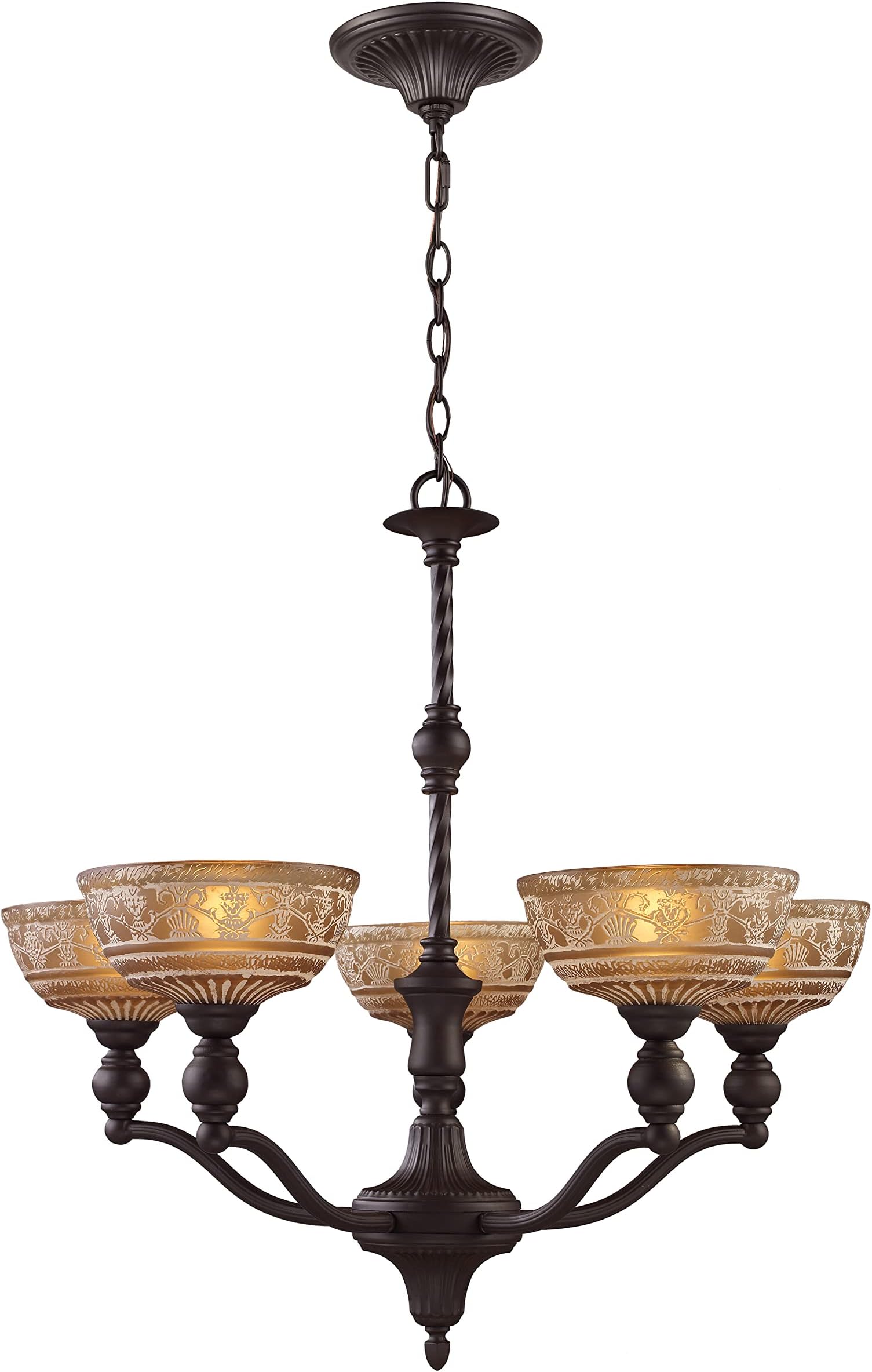 Norwich 5-Light Chandelier - 28-Inch Oiled Bronze Ceiling Light with Amber Restoration Glass Shades, Traditional Old-World Style for Dining Room, Foyer, Living Room, Great Room