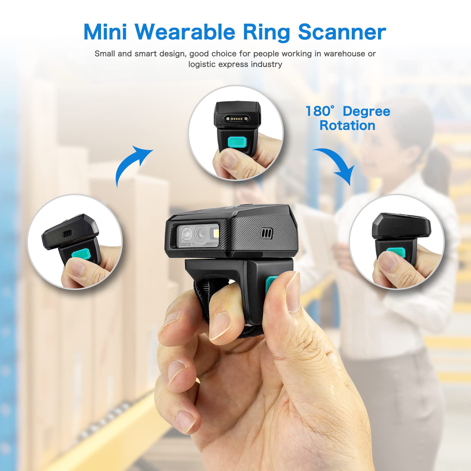 NETUM Mini lettore di codici a barre ad anello wireless 2D Bluetooth, lettore di codici a barre indossabile con base di ricarica e memoria incorporata, scansione rapida e precisa - RS9000