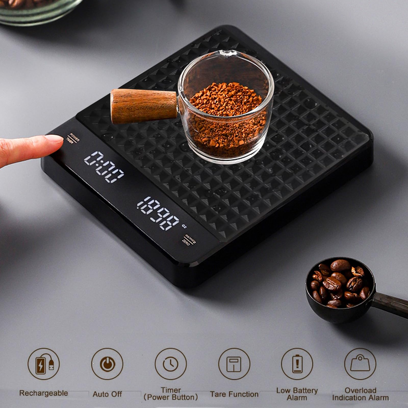 Bilancia Digitale Caffè Con Timer – 0,1g / 3kg – Impermeabile, LED Touch, Batterie Incluse – Nero