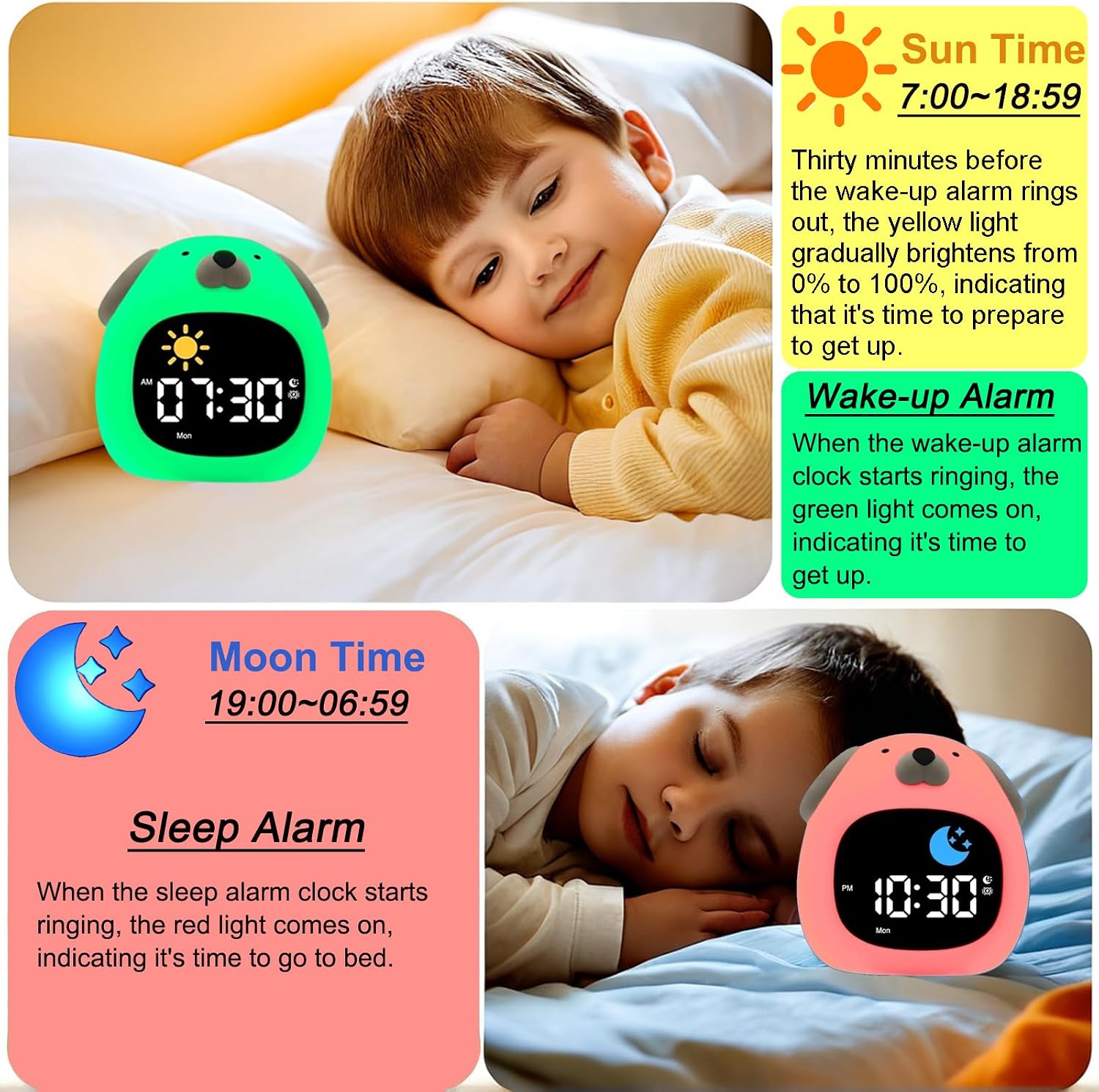 Kids Alarm Clock Night Light with 9 Colors Light and 6 White Noises, Sleep Training Digital Clock, Adjustable Bright and Sound, Gifts for Boys Girls - Puppy