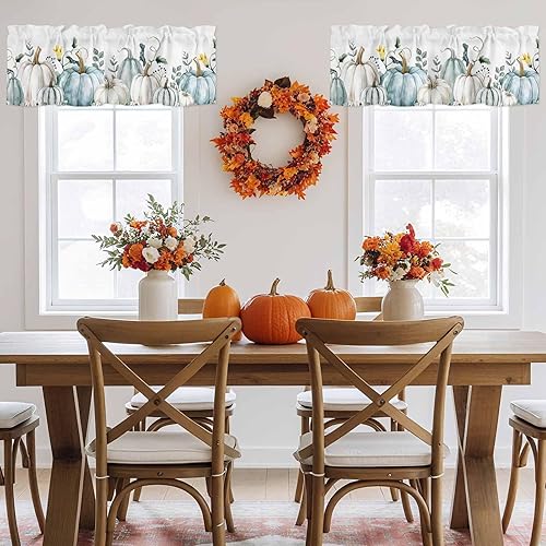 Miniatura 5 de Cortina de cenefas de otoño con diseño de calabaza azul, para Acción de Gracias, cortinas de cocina con hojas y plantas, decoración de ventana para