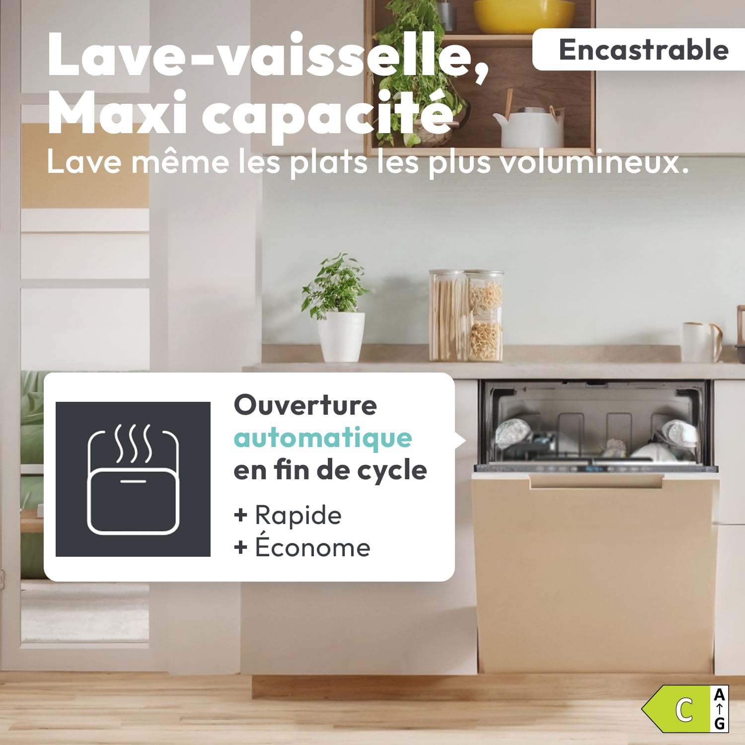 CANDY - Lave-Vaisselle Encastrable - 16 Couverts - Classe Énergétique C - Maxi Cuve, Cycle Rapide 35 min, Contrôle à Distance, Départ Différé - Blanc - 81,8 x 59,7 x 55,5 cm - Modèle CI 6C4F0A