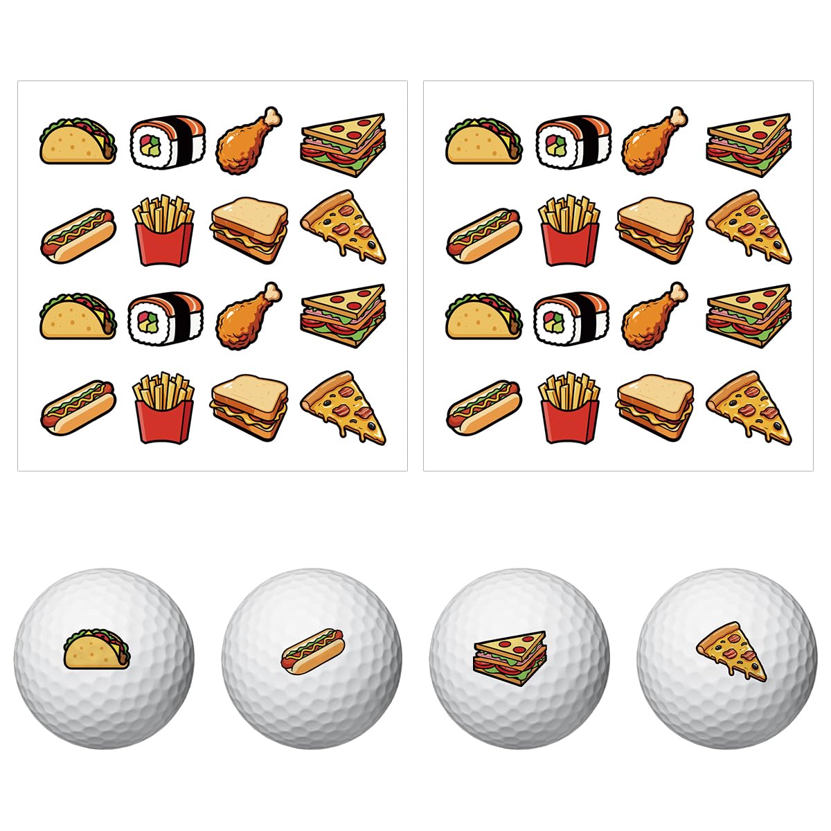 PLIGREAT 32 Pcs Golf Ball Markers Food Theme Golf Ball Marking Stickers for Identify Golfs Balls 2 Sheets Pizza Sushi Fries Golfing Balls Customise Markers Golfer Gift Golfing Accessories