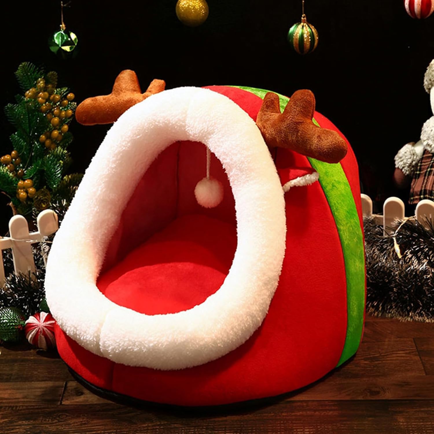 Christmas Cat Bed for Indoor Cats House, Red Reindeer Pet Bed Semi Enclosed Removable and Washable Dog Bed Winter Warm Cat Beds House for Kittens and Small Animals, Warm Cat Cave Beds for Christmas