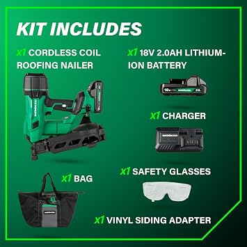 Metabo HPT 18V MultiVolt Brushless Cordless Coil Roofing Nailer Kit, 1-3/4 Coil Roofing Nailer with Power Tool 2.0Ah Lithium Ion Battery, Drives 7/8 to 1-3/4 Nails, NV1845DA