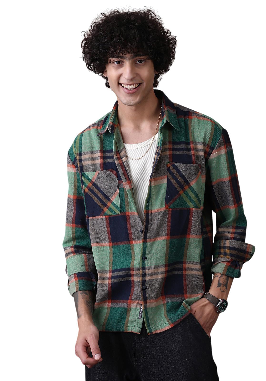 Men's Green & Blue Plaid Check Utility Shacket for Casual Wear | Spread Collar | Long Cuffed Sleeves | Button Closure | Overshirt/Shacket Crafted with Comfort Fit for Everyday Wear-image-36