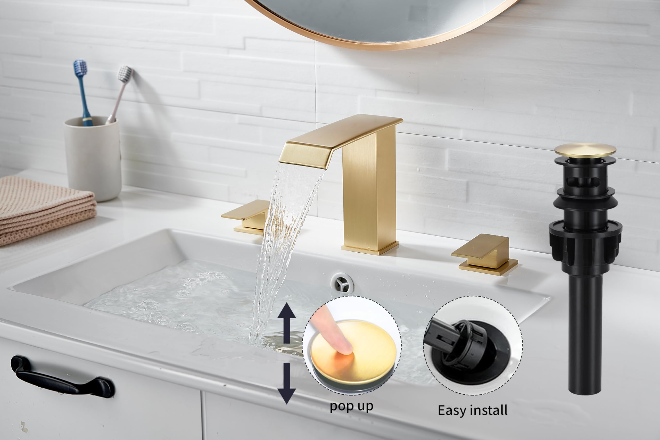 Rubinetto per bagno a 2 maniglie, 3 fori, cascata, oro spazzolato, rubinetti per bagno a fori larghi da 8-16 pollici, rubinetto per lavabo in ottone, mobiletto lavabo con piletta a scomparsa, 2 tubi