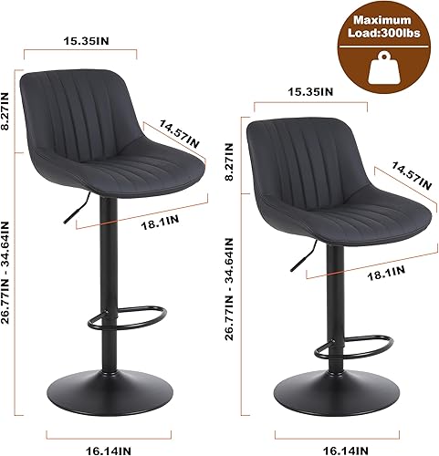 Miniatura 3 de Juego de 2 taburetes de bar, taburetes de bar giratorios de altura de mostrador con respaldo, sillas de bar ajustables de piel sintética, moderno