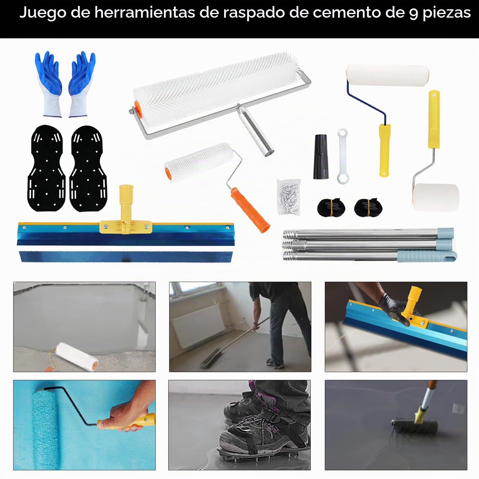 Kit Herramientas de Autonivelación de Cemento, con Zapatas de Clavos 3CM Escobilla de Goma de Pie 56CM Rodillo Desaireador 23CM+48CM Rodillo 9CM+23CM Varilla Telescópica de 170CM