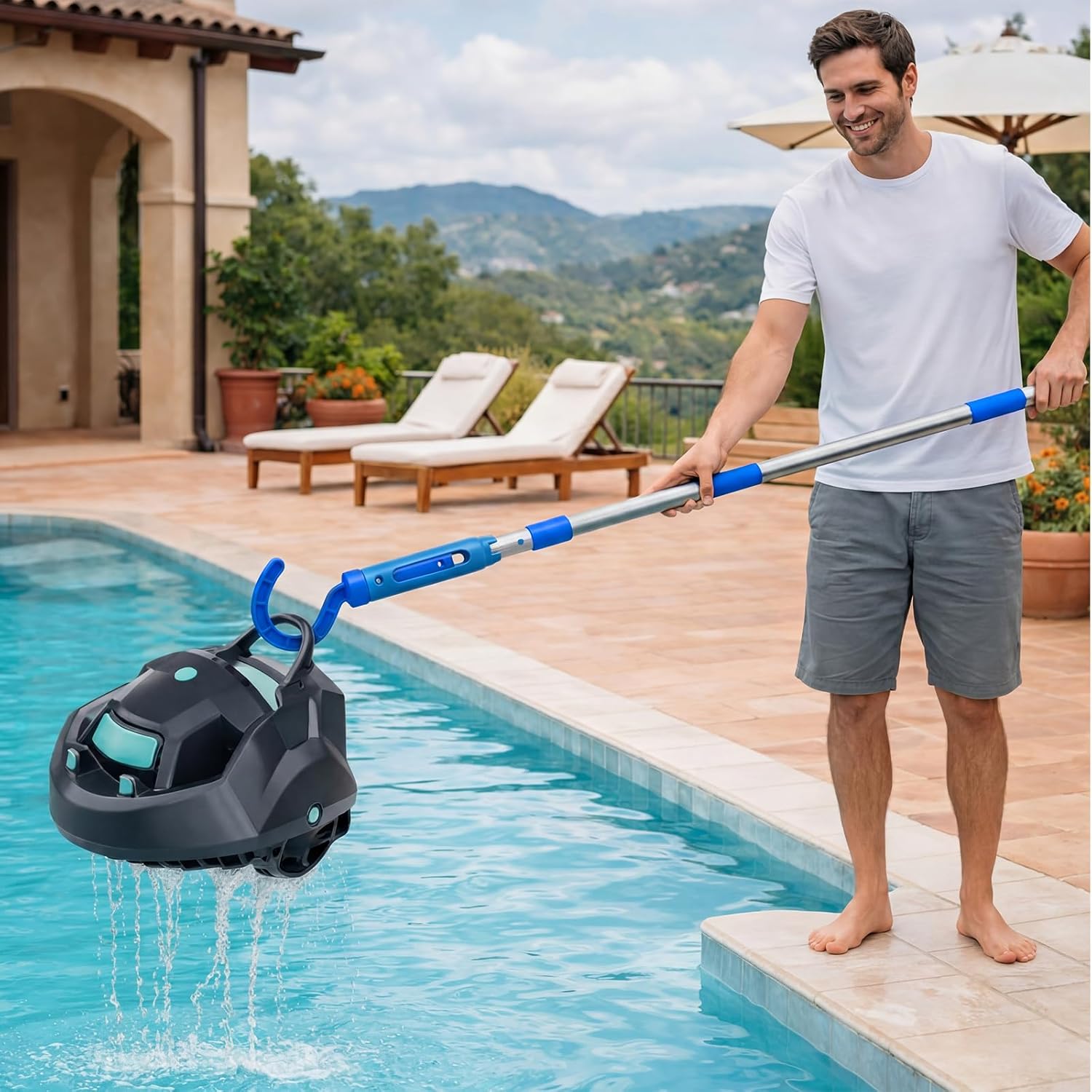 Hushee Hook for All Robotic Pool Cleaner with 45'' Telescopic Aluminum Pole Deep Blue Adjustable Swimming Pool Accessories Hook Cleaning Pole for Grabbing the Robotic Vacuum Cleaner