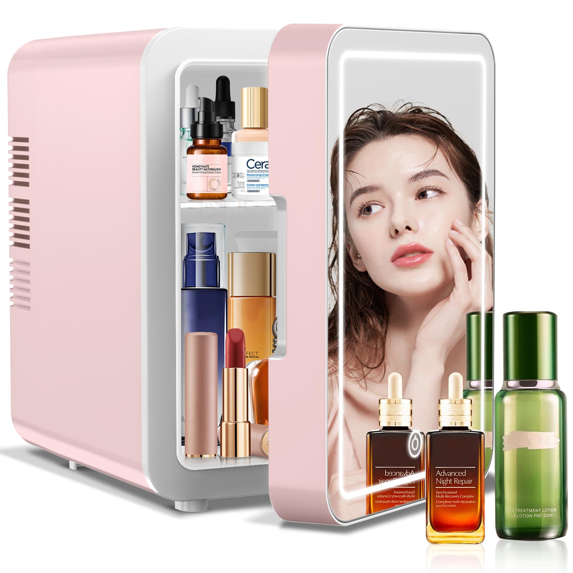 Mini Fridge Skincare with Dimmable LED Light Mirror, 4L/6Can Mini Fridge for Skincare and Makeup, Cooler & Warmer, Portable Mini Fridge for Bedroom, Office, Dorm and Car, Pink