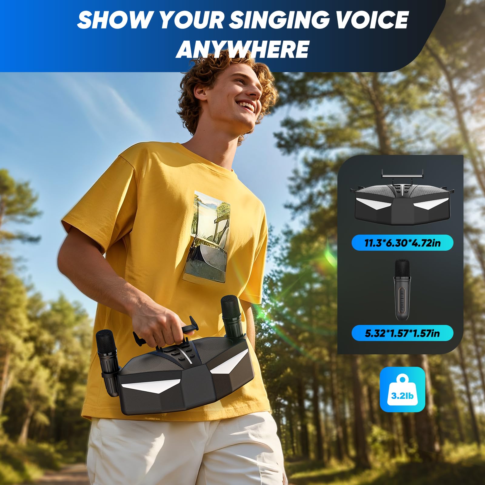 Macchina per karaoke: Altoparlante portatile vero con 35 W, autonomia di 8 ore, 2 microfoni wireless ricaricabili, luci LED, macchina per karaoke per adulti e bambini (CHJ161-Nero)