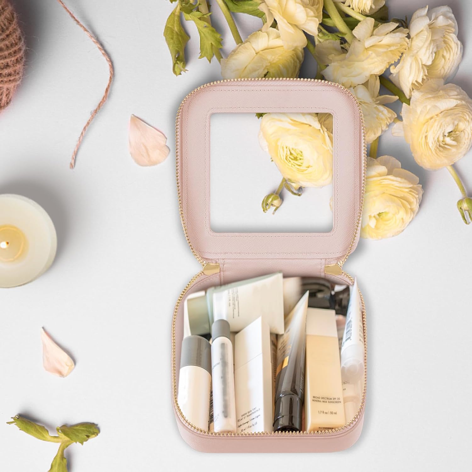 Prite Small Makeup Bag for Women Portable Clear Makeup Bag Cute Mini Waterproof Travel Cosmetic Bag with Gold Zipper for Car Essentials(Pearlescent Pink) - Image 8