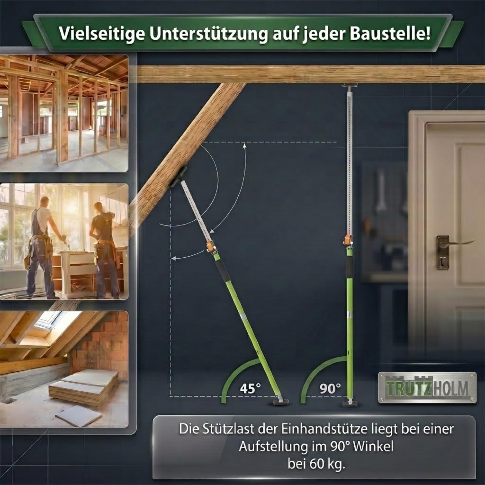 TRUTZHOLM Einhandstütze 110–203 cm Montagestütze Deckenstütze Teleskopstütze 60 kg Tragkraft höhenverstellbar, robust, 45 Grad neigbar, teleskopierbar, verschiedene Mengen (2)