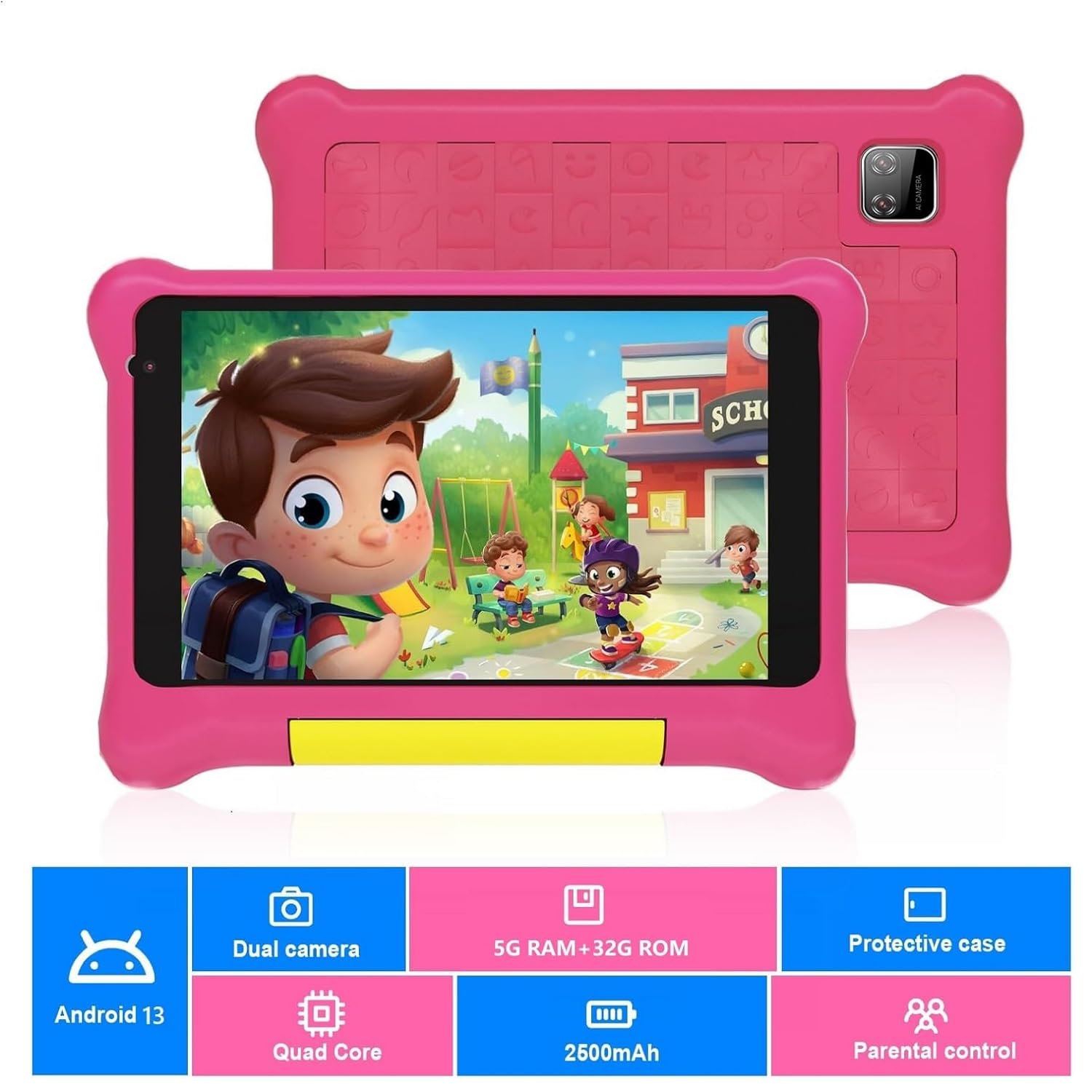 Yicty Tablet Kinder 7 Zoll Android 13 Lern-Tablets PC Kindersteuerung Quad Core 5 GB RAM 32 GB ROM 128 GB Erweiterung Dual Kamera Stoßfeste Schutzhülle (Rosa)