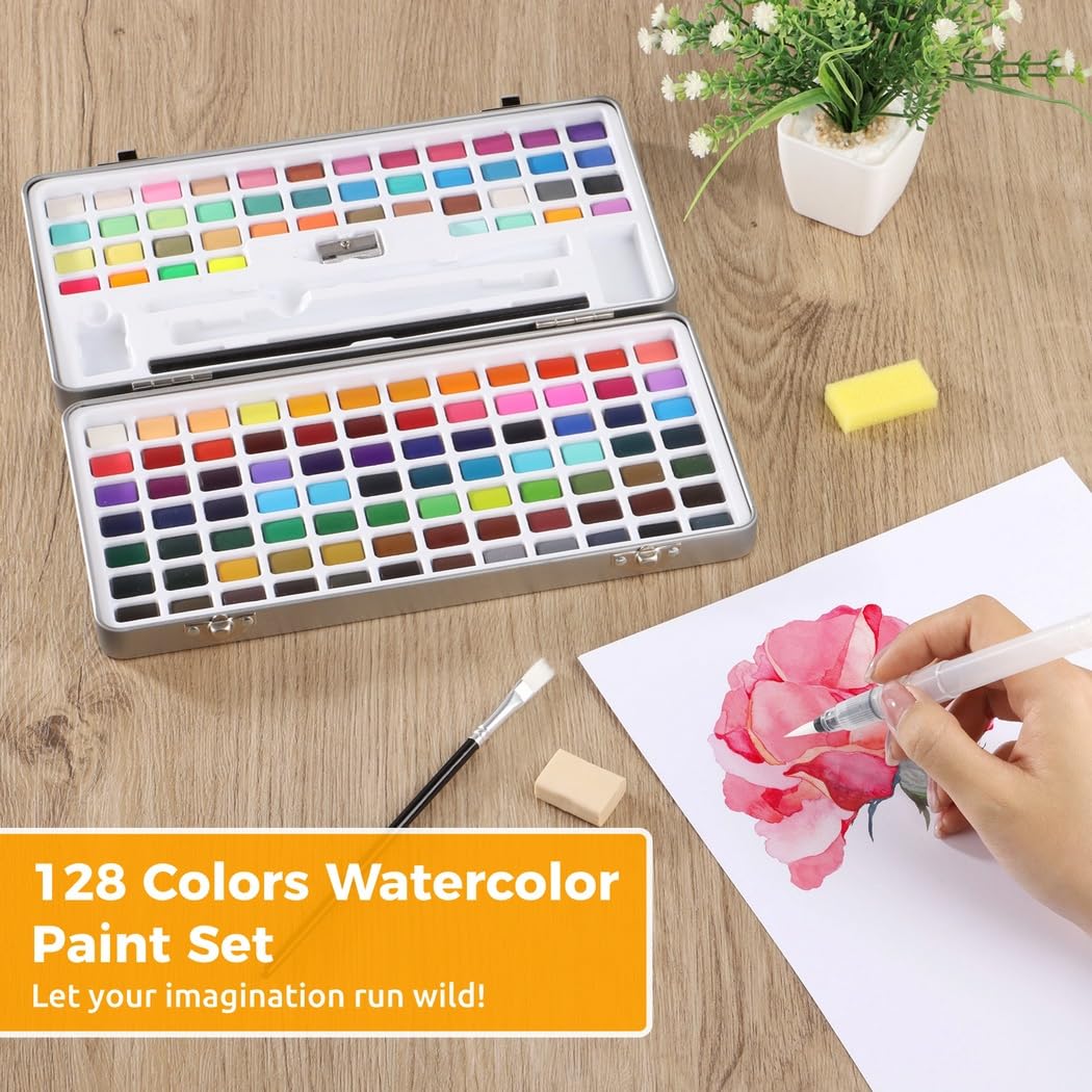 Aquarellfarben-Set mit 128 Farben, Zeichenset mit Pinsel und Bleistift, tragbares Wasserfarben-Set mit Eisen-Box, Kunstbedarf für Erwachsene, Studenten, Anfänger, Profis