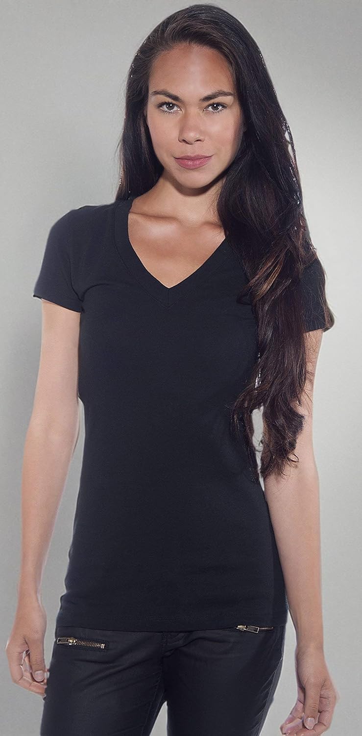 4 Pack Zenana Women's Basic V-Neck T-Shirts, Black, X-Large - Image 2