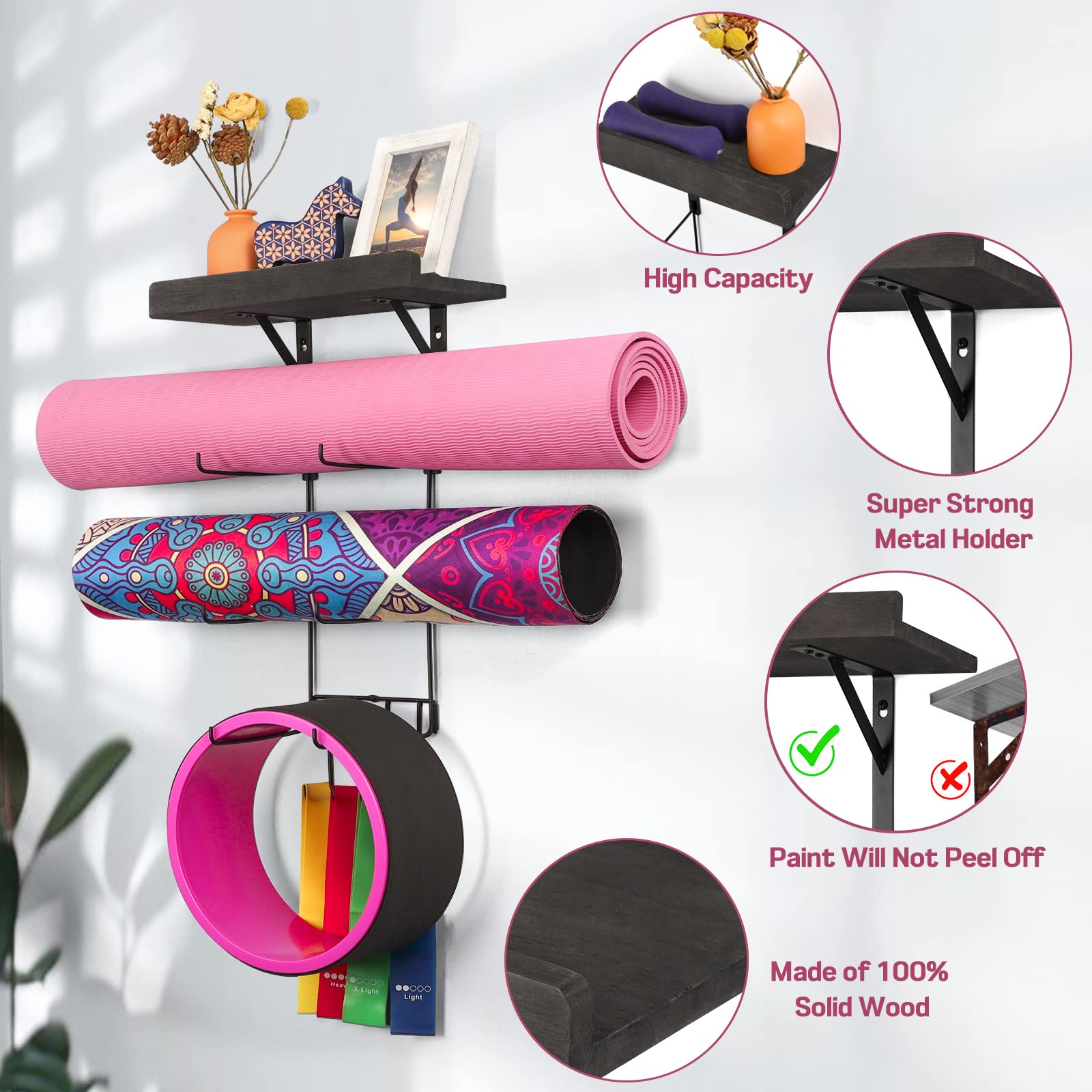Bikoney Yogamattenhalter, Wandhalterung, Yogamatte, Aufbewahrung, Heim-Fitness-Zubehör mit schwebenden Holzregalen und 4 Haken zum Aufhängen von Schaumstoffrolle und Widerstandsbändern im Fitnesskurs