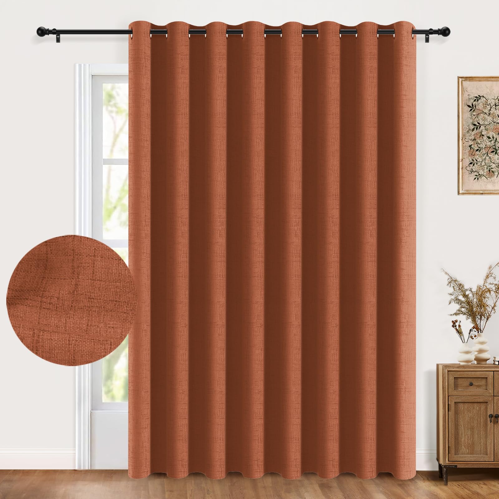 100% Blackout Shield Sliding Door Curtains, Extra Wide Curtains 96 Inch Long, Patio Door Grommet Drapes for Living Room, 100”W x 96”L, Burnt Orange