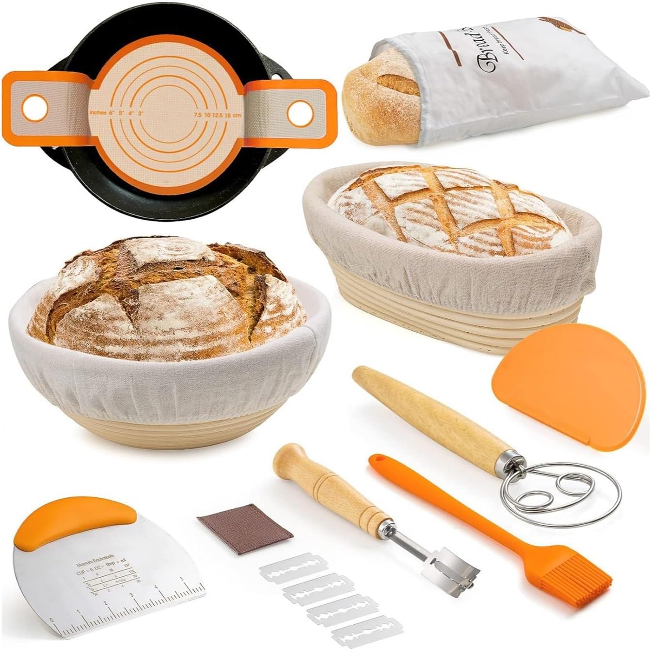 Bread Proofing Baskets & Baking Kit Multifunction Handmade Sturdy Baskets Ideal for Sourdough, Baguette & Artisan Bread