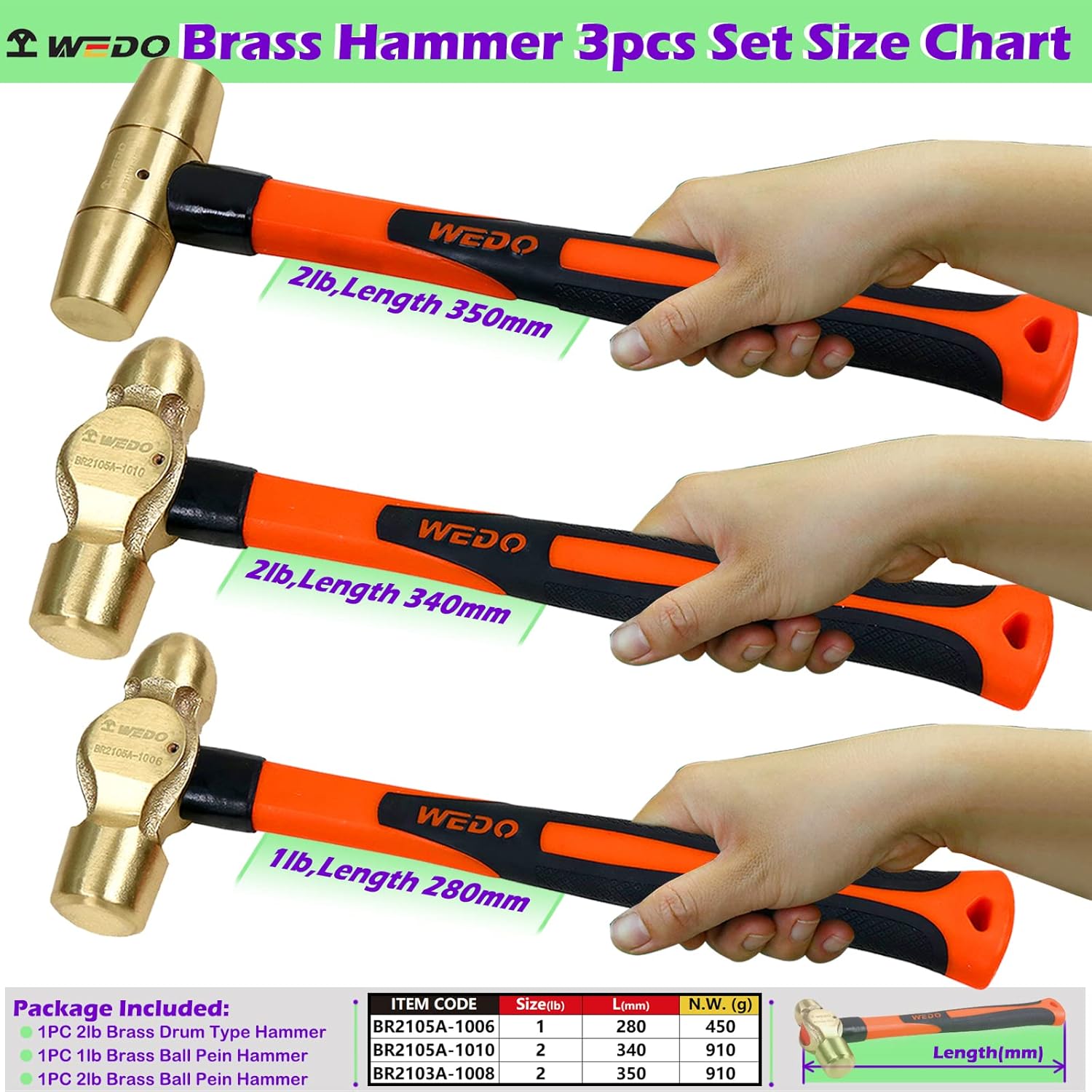 WEDO 3PCS Hammer Set,2lb Drum Type Hammer,1lb Ball Pein Hammer,2lb Ball Pein Hammer,Brass,Fiberglass Handle,Die-Forge,Corrosion Resistant