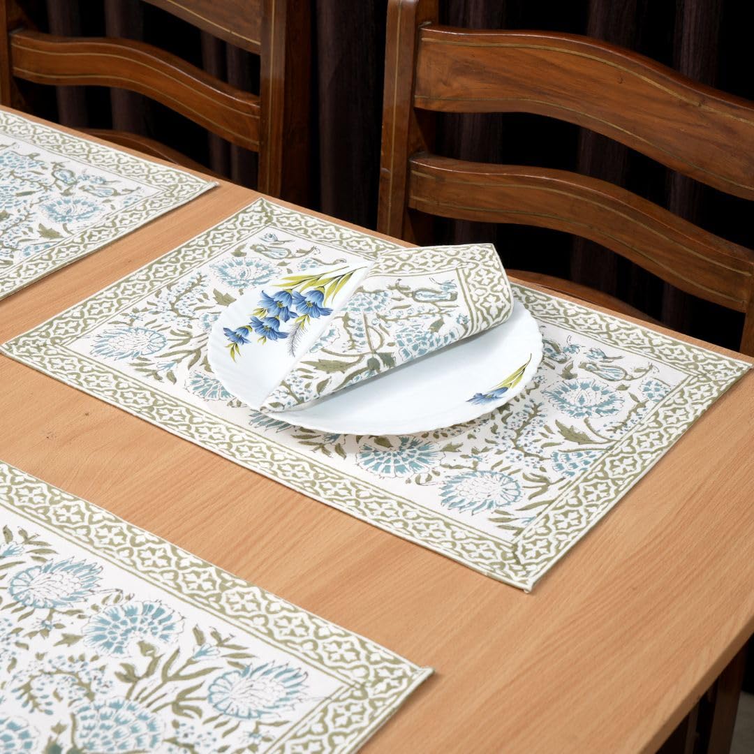 Manteles individuales de mesa de comedor con juegos de servilletas, algodón indio impreso a mano, lavables, para servir alimentos, juego de 6 manteles individuales (verde claro)