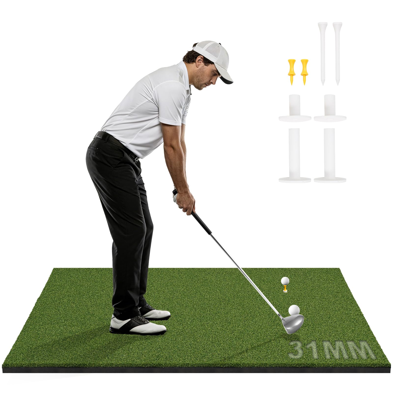 31mm High-density Turf Golf Mat, 5x3ft Golf Practice Mat with Rubber Tees, Golf Hitting Mat for Outdoor & Indoor, for Men Dad/Husband/Golfers