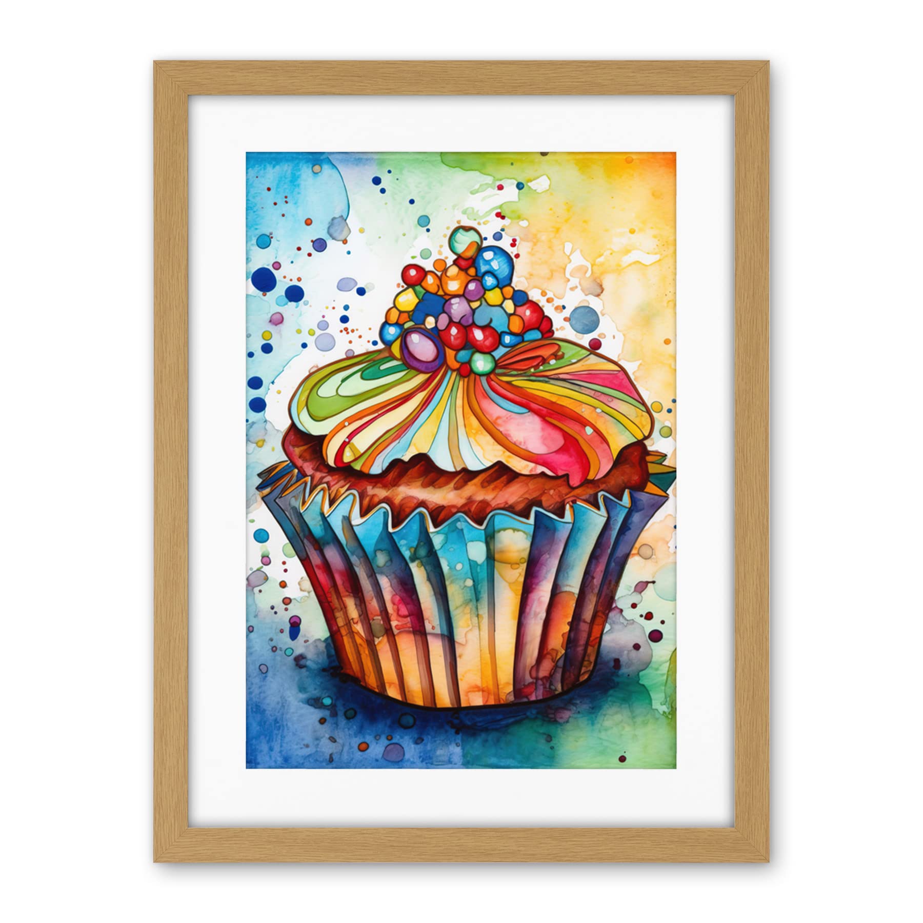 Artery8 Cupcake With Sprinkles Vibrant Watercolour Painting Artwork Framed Wall Art Print 18X24 Inch