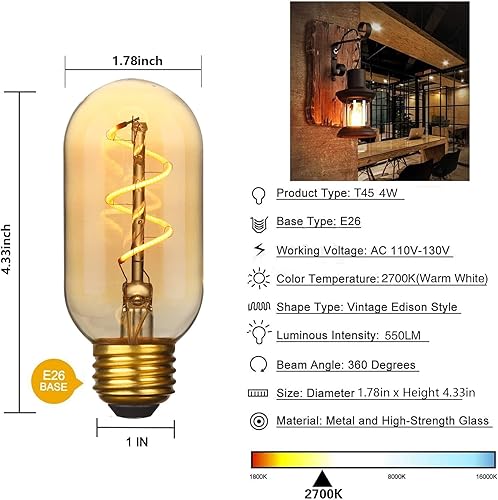 Miniatura 2 de Paquete de 4 bombillas LED T45T14, bombillas Edison vintage de 4 W, 2700 K, 550 lúmenes, equivalentes a 40 W, bombillas de tubo ámbar amarillo