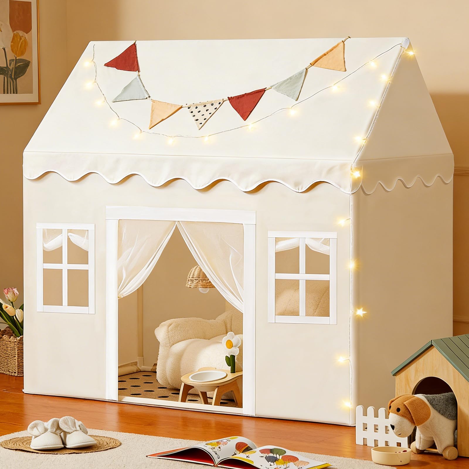 Tiny Land Play Tent with Padded Mat & LED Lights, Kids Tent, Playhouse for Kids, Indoor Bed Tent for Toddler, Toys for 3,4,5,6-Year-Old Girls, Neutral Color Play Room Furniture