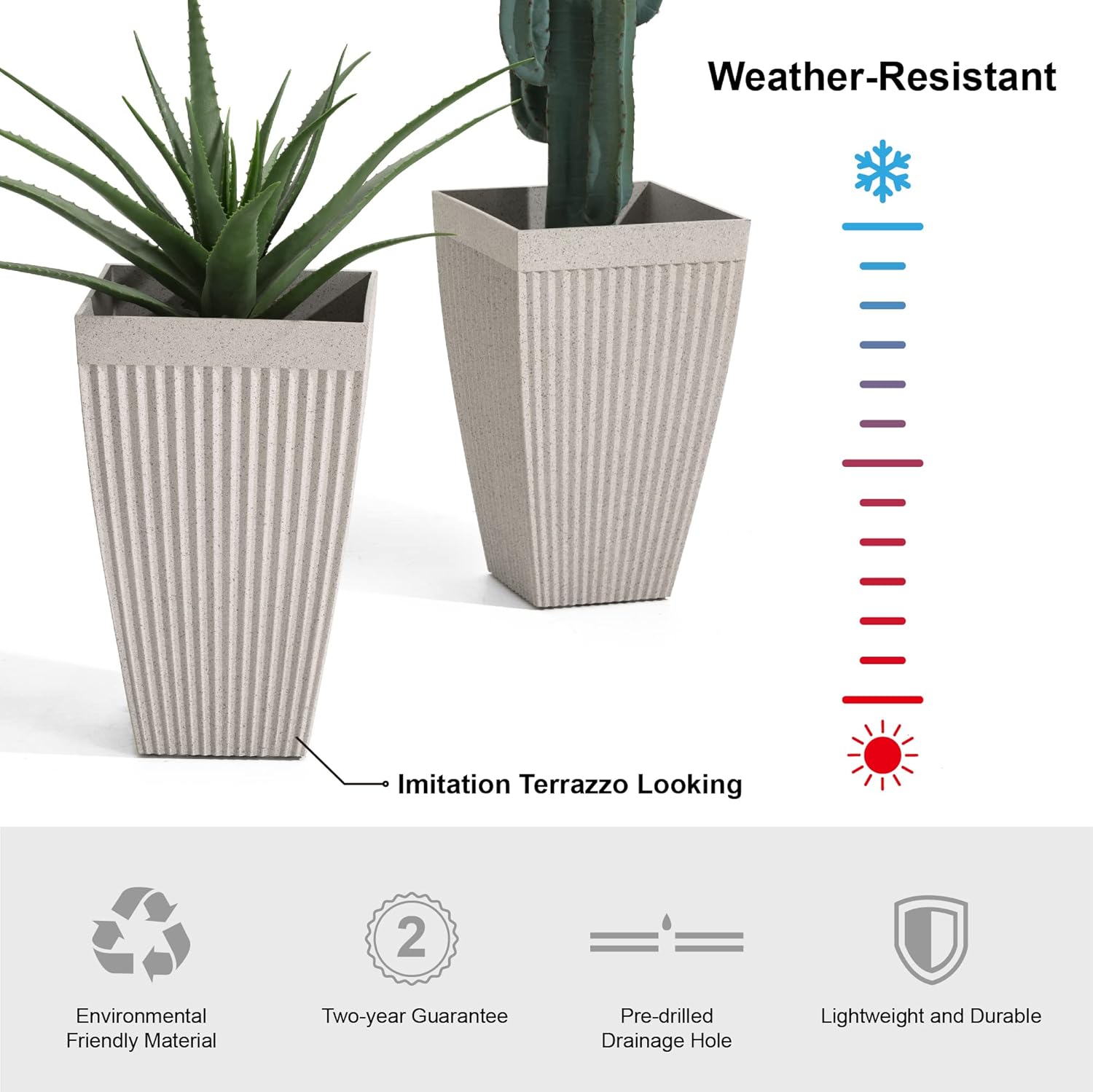 Glitzhome Oversized Tapered Tall Fluted Pot Planter, 2-Piece Set for Outdoor Indoor Patio Garden, Light Grey