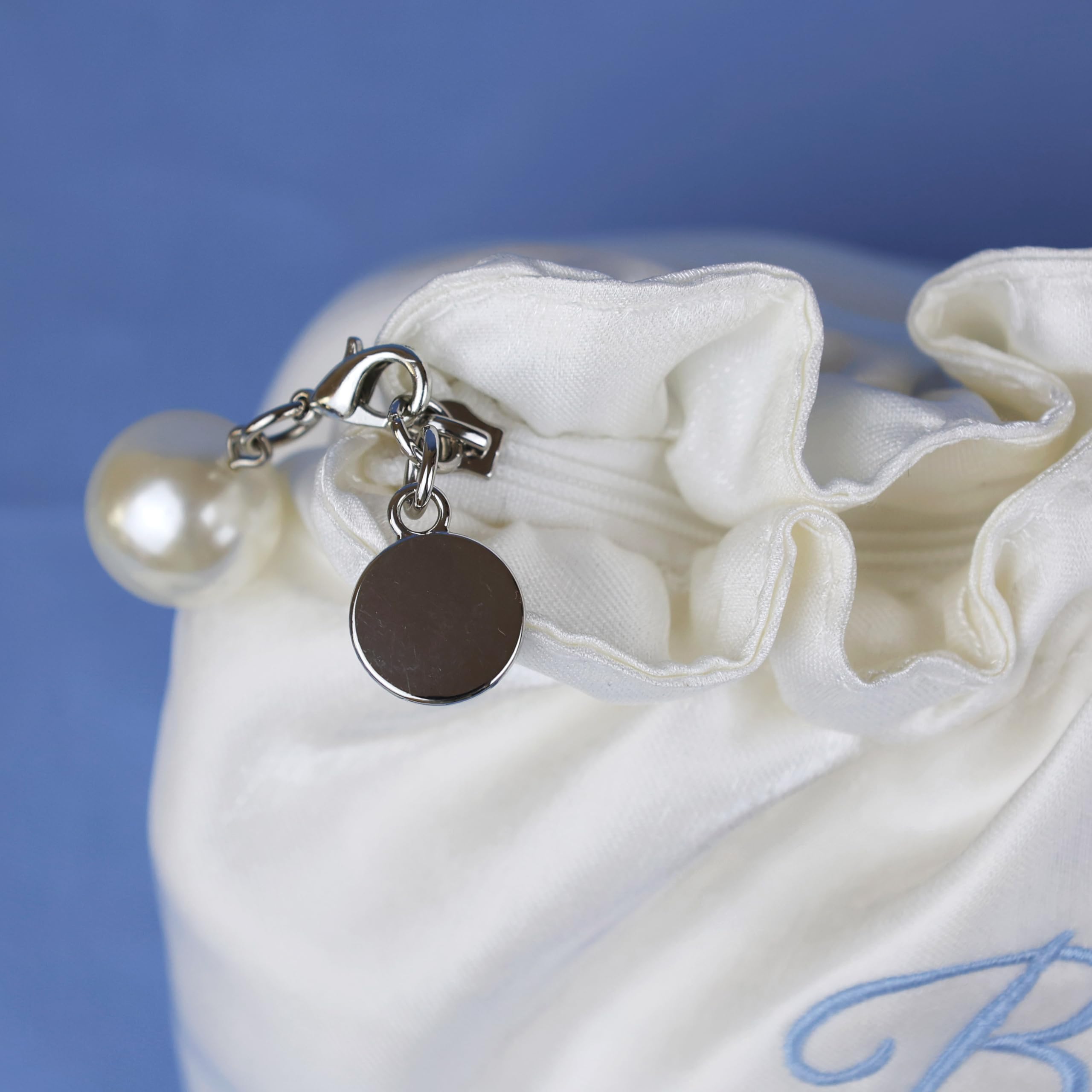 Embroidered Bride Cosmetic Bag| Creamy White Satin Something Blue Silk Makeup Bag Bling Pearl Bride To Be Purse for Bridal Shower Bachelorette Party Women Wedding Engagement Gift
