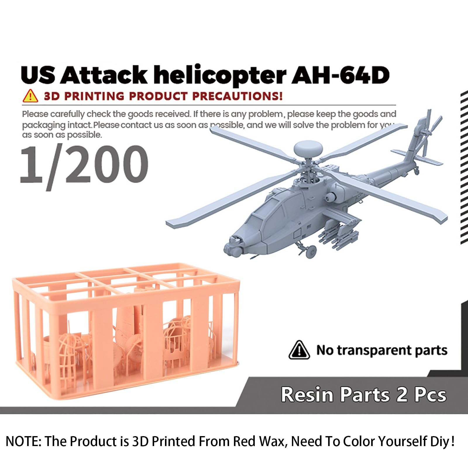 2PCS 3D Military Model 1/200 Scale US Attack Helicopter AH-64D Gunship Attack Unassembled Uncolored Resin Model for Hobbies Collection