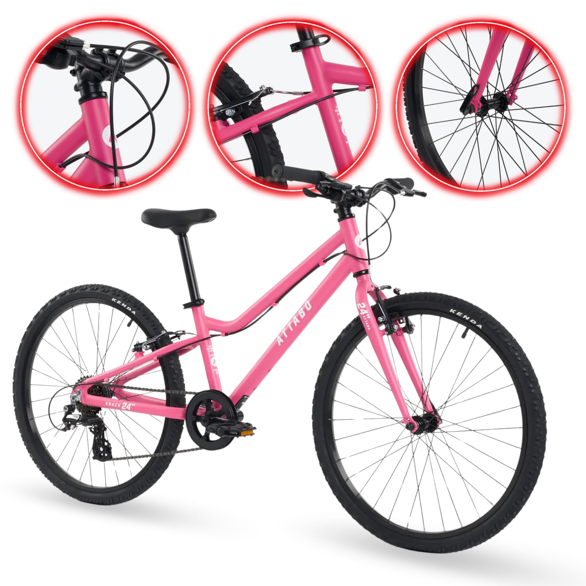 ATTABO Knack 24 - Bicicletta per bambini (7-11 anni) con telaio in alluminio leggero (solo 10 kg), ruote da 24", forcella in acciaio, per 120-145 cm, manubrio ergonomico ideale per escursioni e tempo