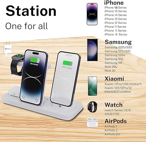 Miniatura 24 de Cargador inalámbrico, estación de carga inalámbrica 6 en 1, soporte de cargador inalámbrico rápido para iPhone 15 14 13 12 11 Pro Max XR XS 8 Plus