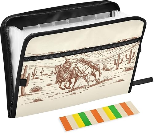 Kcldeci Carpeta expandible de 13 bolsillos American Wild Western Desert Cowboy Acordeón, organizador de documentos, carpeta expandible con cierre de