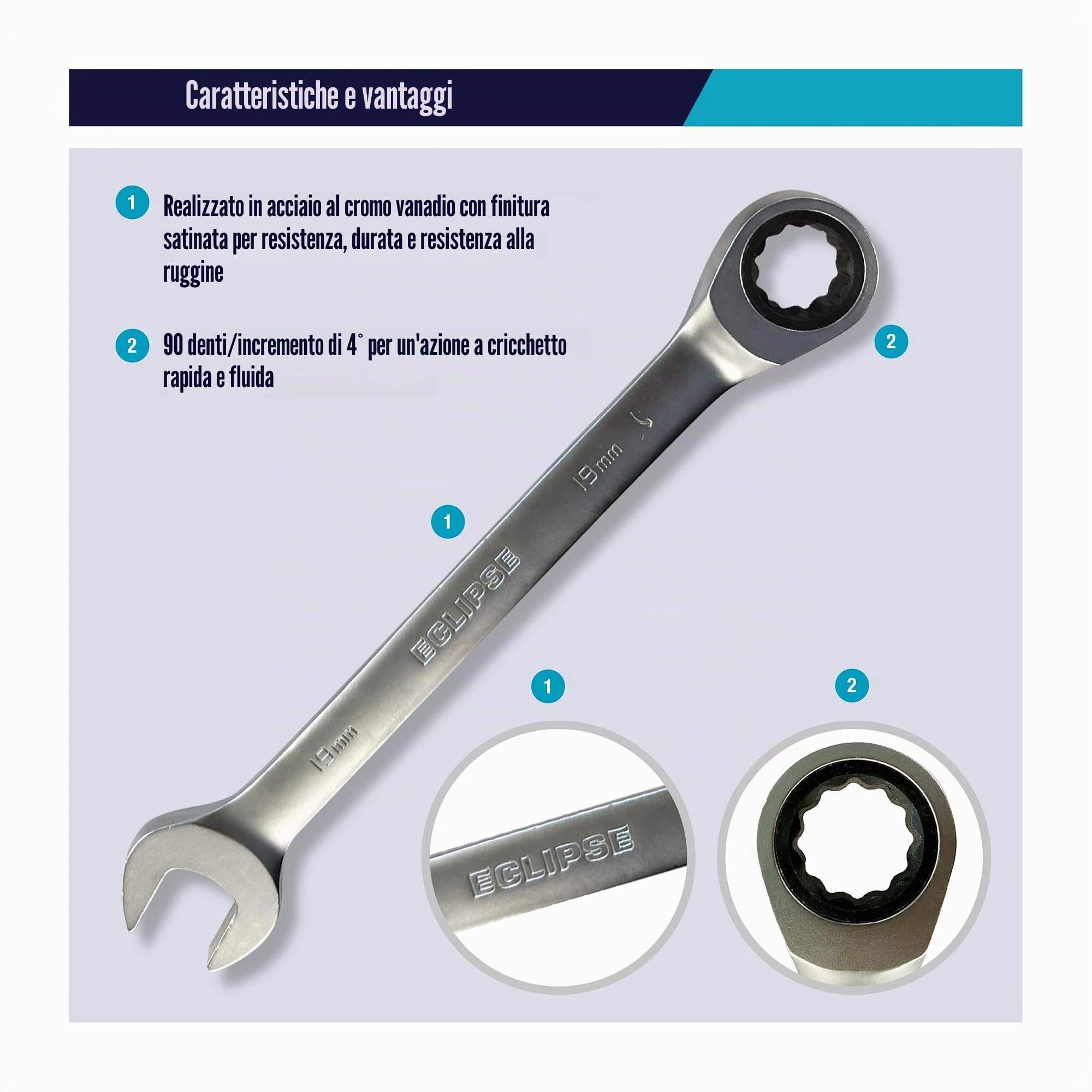 Eclipse Professional Tools ERWFIX7PS Set di 7 Chiavi a Cricchetto con Testa Fissa – 8–19mm, Acciaio Cromo Vanadio, 90 Denti, Alta Coppia, Finitura Satinata, per Auto e Manutenzione