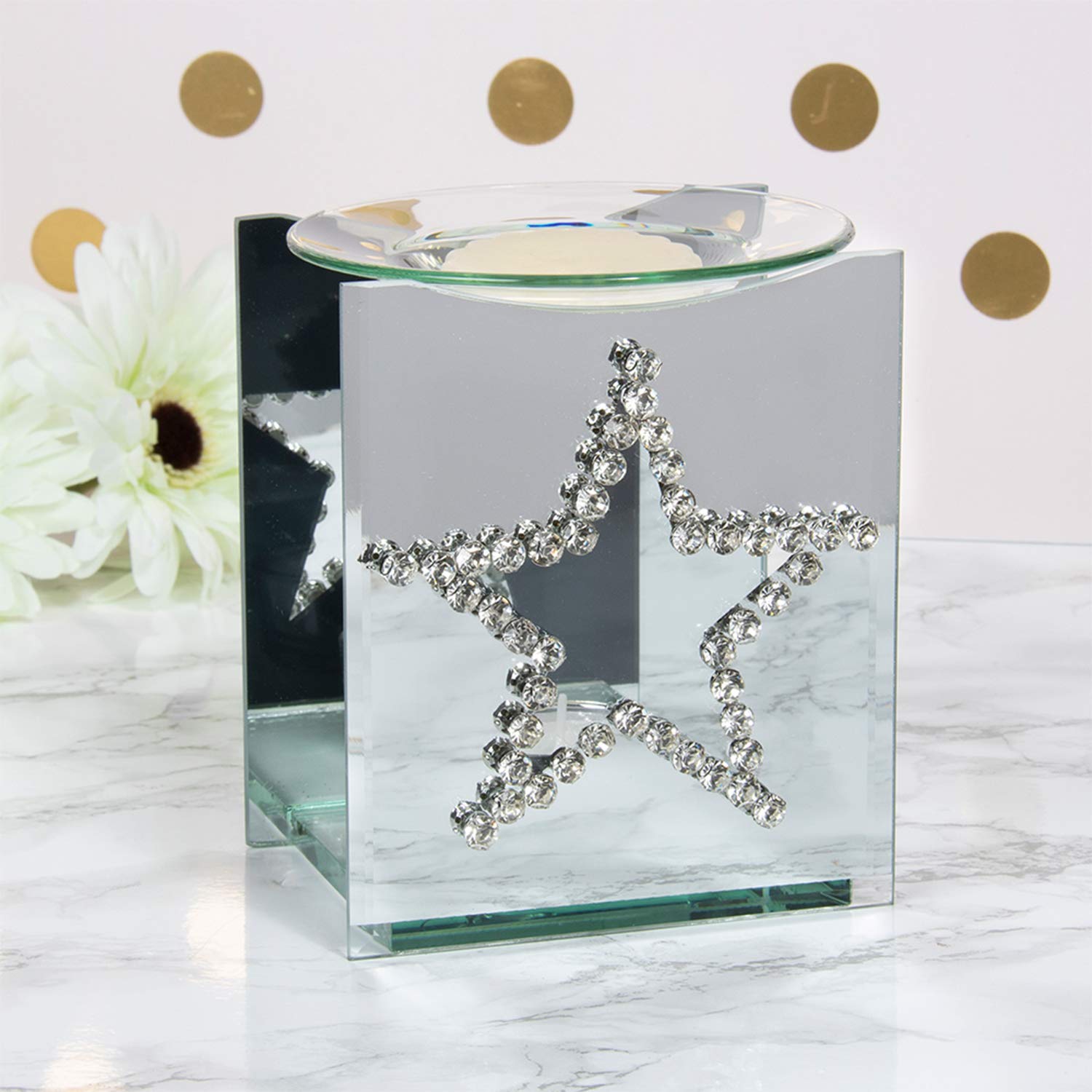 Lesser & Pavey Mirrored Wax Oil Warmer Burner Clear Crystal Star Tea Light Candle Glass Holder