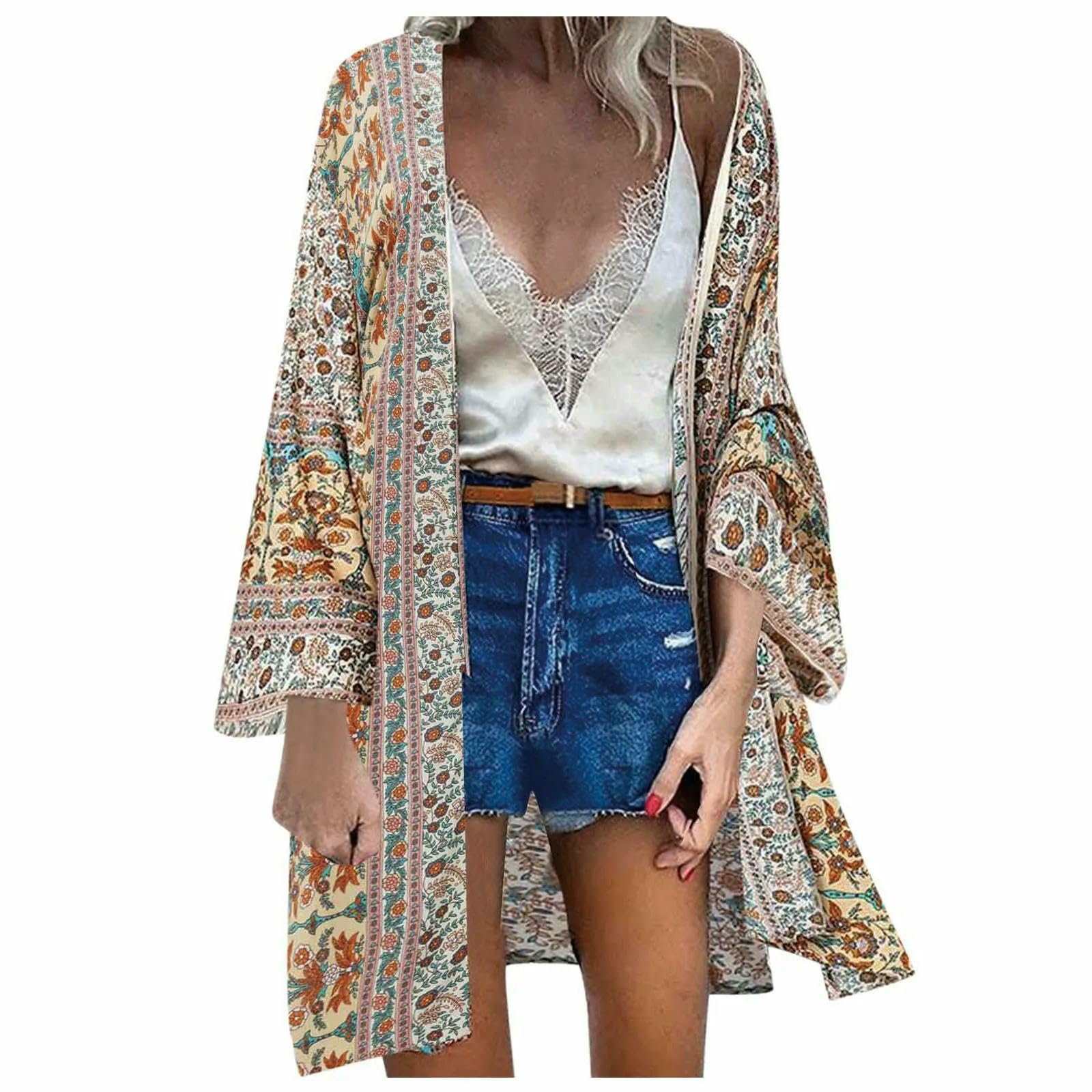 Copricostume da Spiaggia Summer Vintage Boemian Style Cardigan Casual Bikini Coprono Femmina Plus Size Kimonos Cardigans-Beige-l