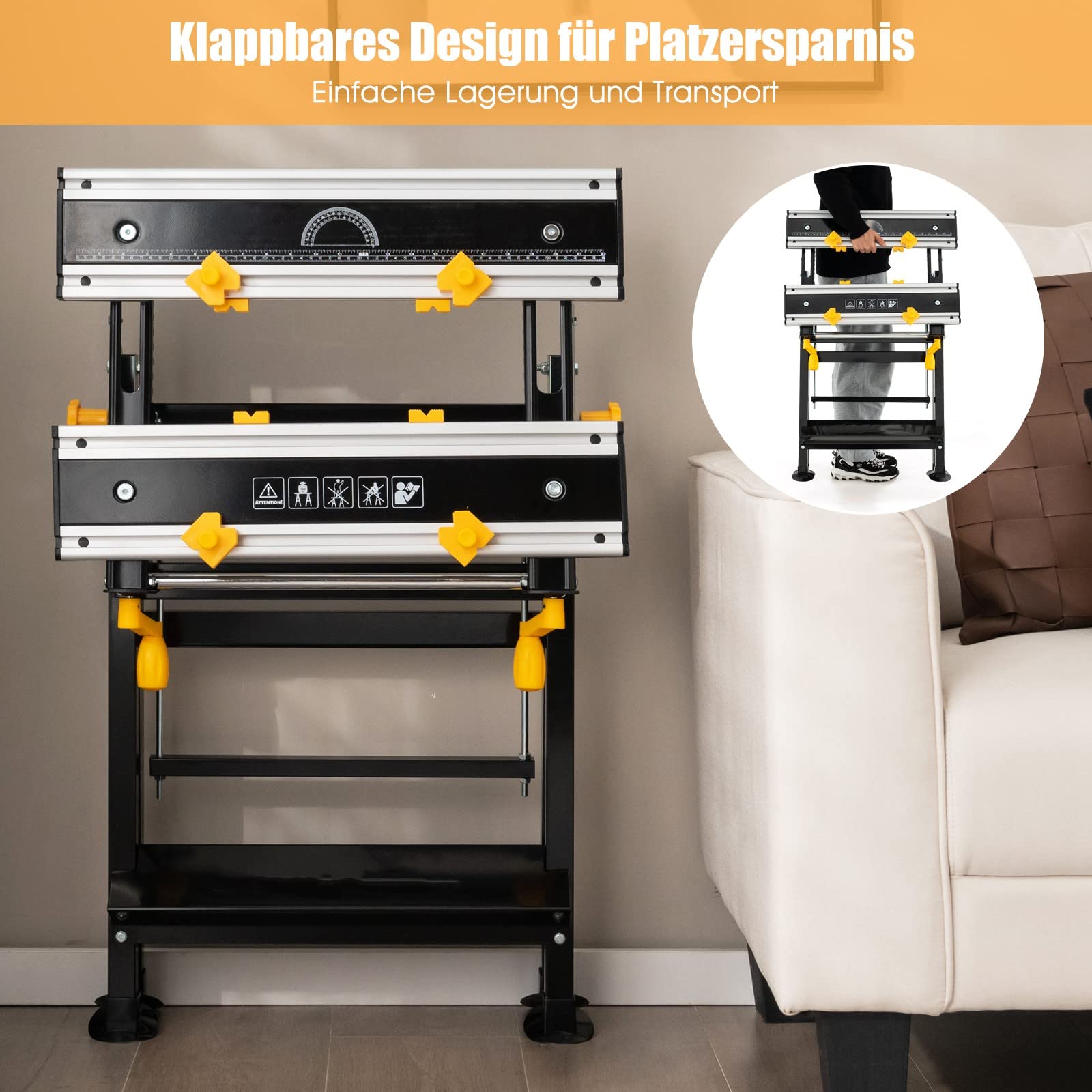 GYMAX Spann- und Arbeitstisch klappbar, tragbarer Untergestell 7-stufig höhenverstellbar, Arbeitsplatz mit ausziehbarer Tischplatte, Werkbank zum Reparieren & Schweißen, inkl. 8 verschiebbaren Klemmen