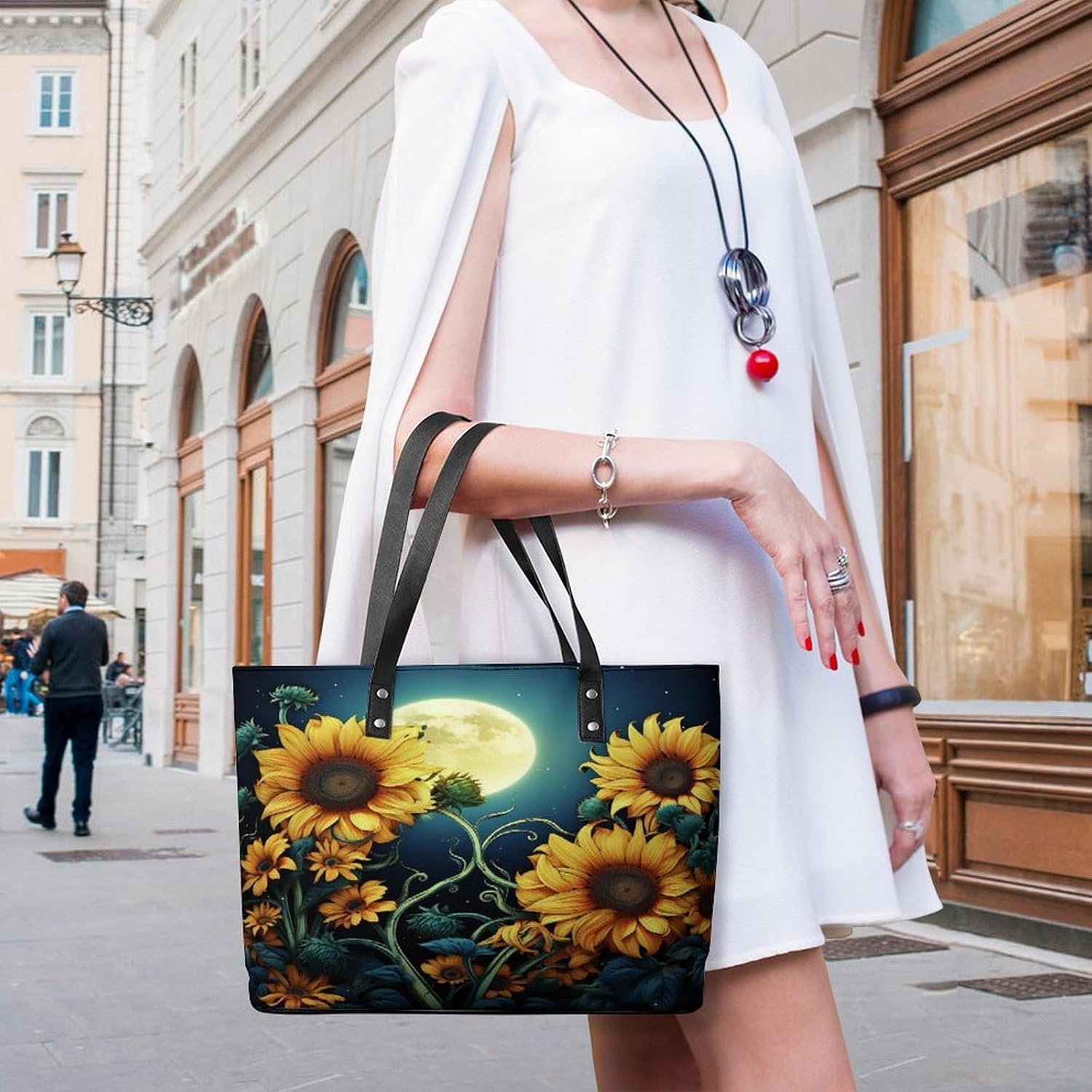 Moonlight Sunflower Pattern Tote Bag with Reinforced Bottom & Handles,Gym Bag Durable And Tip-proof,Weekender Bag to Top Zipper Closure,Daily Essentials