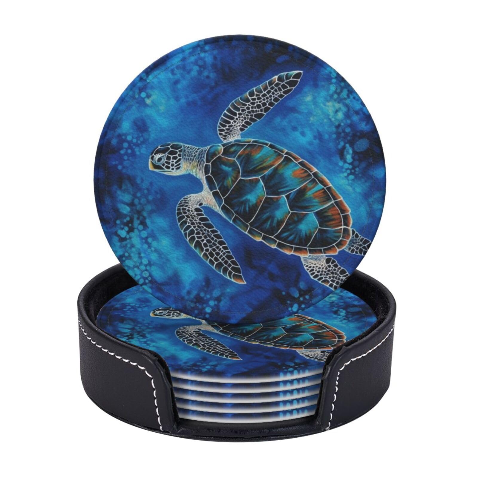 Round Coasters for Drinks Set of 6 - PU Leather Coasters with Holder - Modern Drink Coasters for Coffee Table - Sea Turtle-Blue Coaster for Tabletop Protection 4" Cup Mat Pad