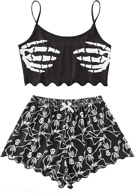 SOLY HUX Women's Cute Cartoon Print Lettuce Trim Cami Top and Shorts Cute Pajama Set Sleepwear